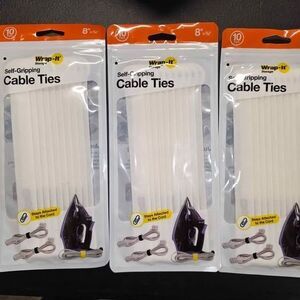 Set of 3: Wrap-It Storage, self-gripping Cable Ties 8"× 3/4", 10-Pack WHITE -NEW